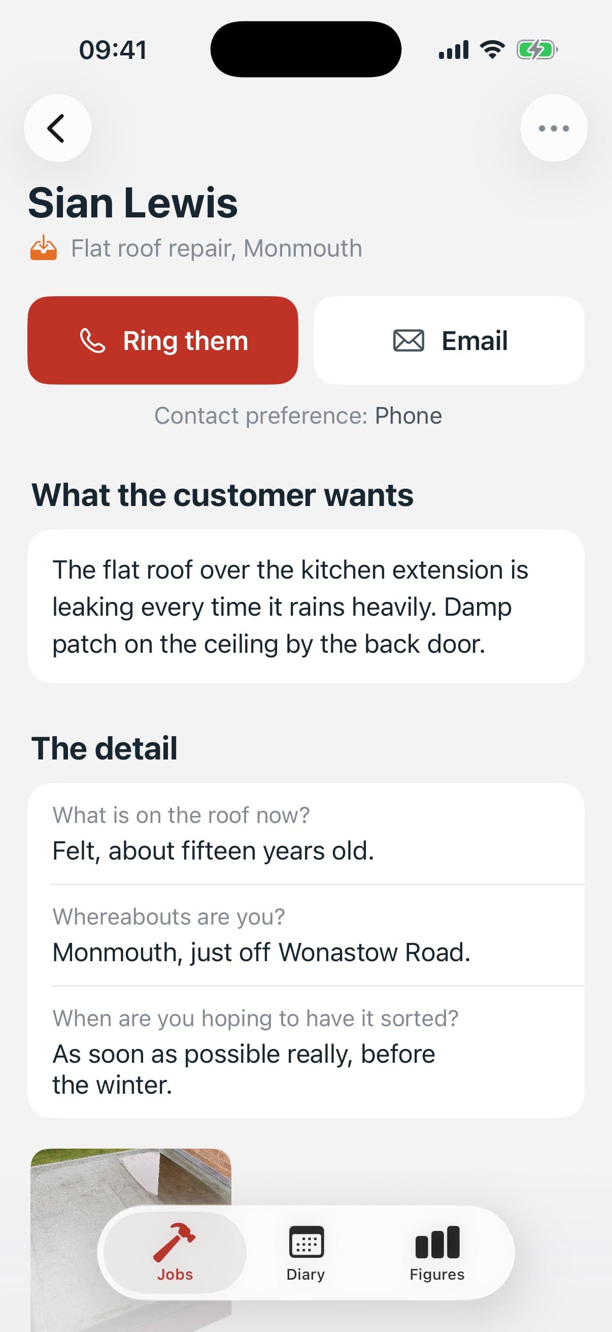 The Foreman app open on Sian Lewis's enquiry