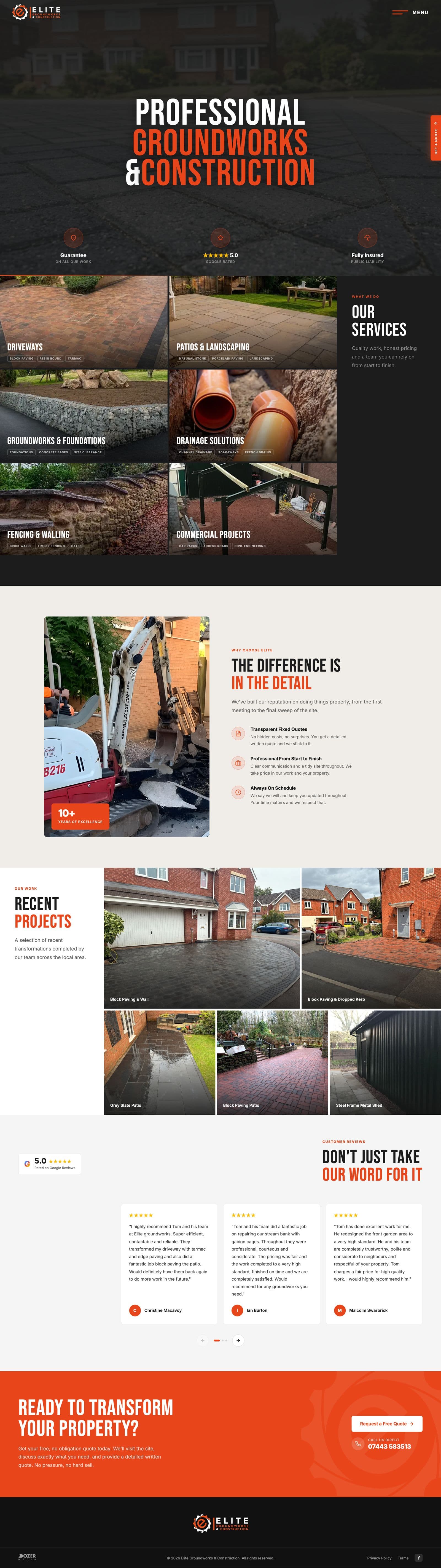 Elite Groundworks & Construction's website, which we built
