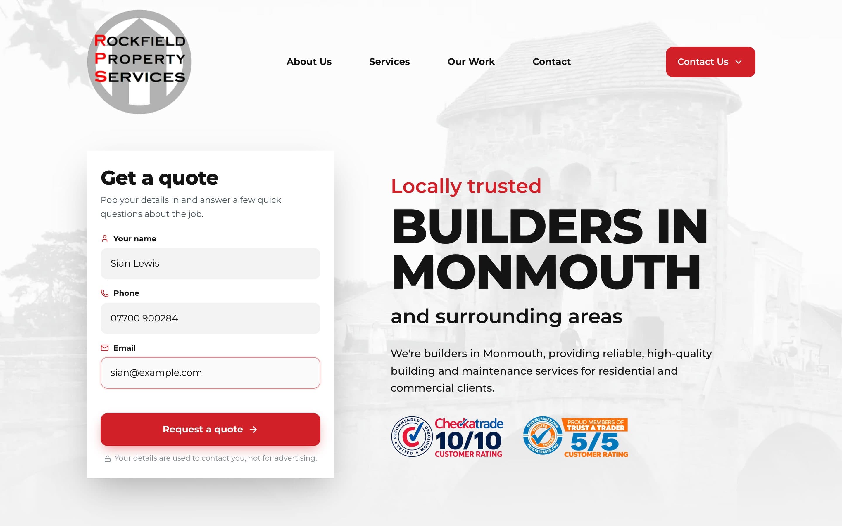 Rockfield Property Services' website that talks to its customers